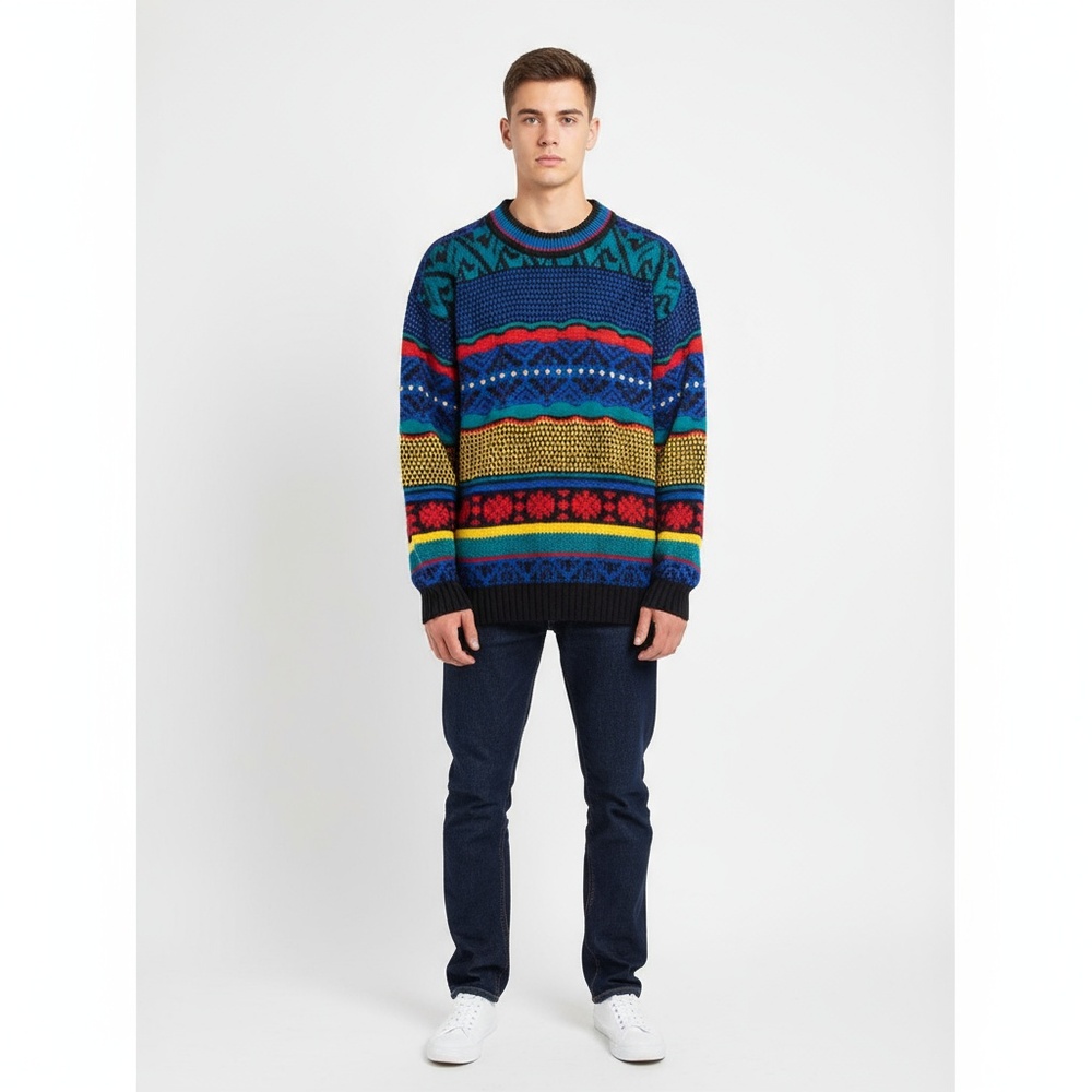 VINTAGE URBAN WORKS Sweater Mens Large Multi Geometric 3D Crewneck 80s 90s